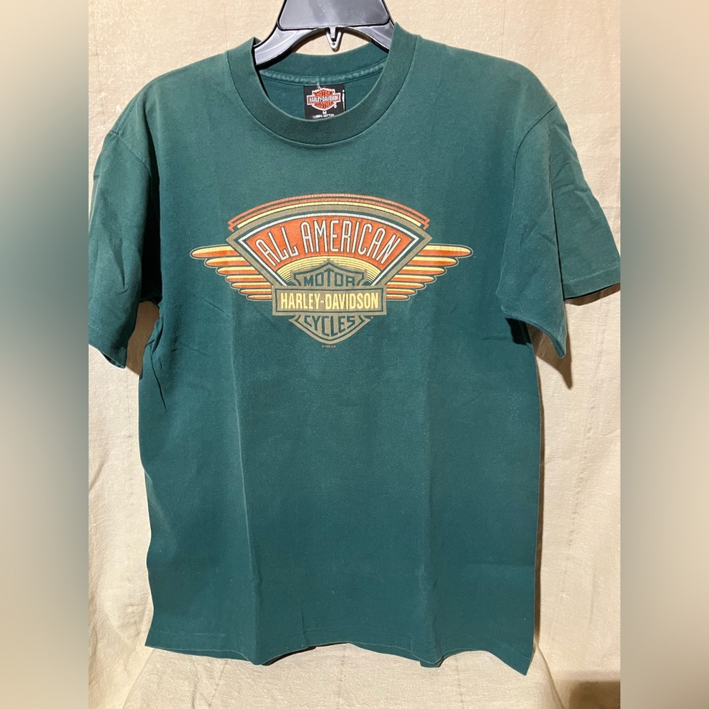 Vintage Harley Davidson All American Shirt Berlington VT Medium Green